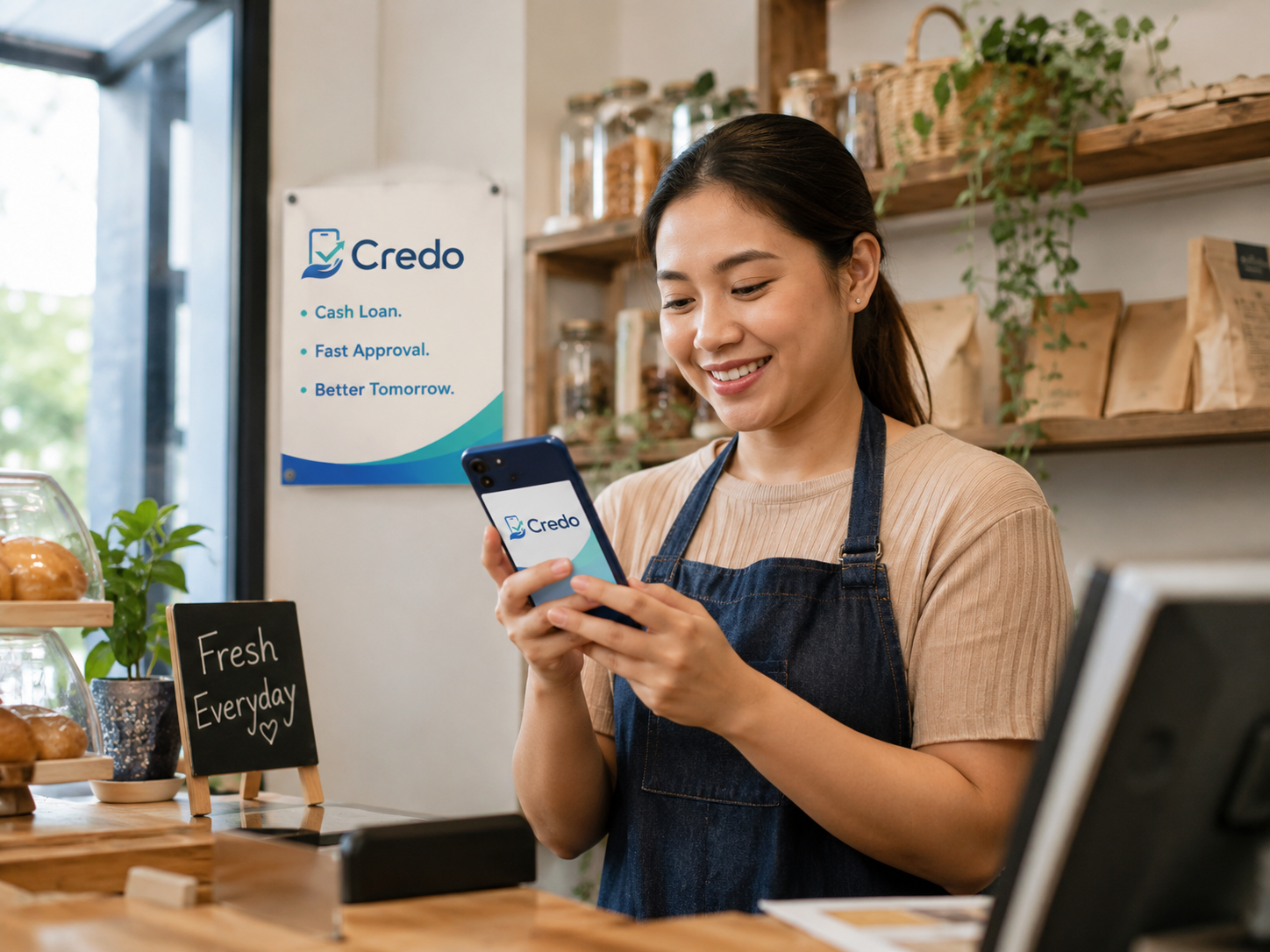 Small business user reviewing Credo information on a mobile phone